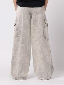 SUMWON 宽腿斜口袋工装裤溜冰风格街头时尚宽松牛仔裤儿童青少年流行休闲裤日常舒适秋冬 - 灰色 - 查看 4