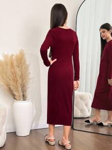 SHEIN Vestido de manga larga ajustado de longitud media con nudo retorcido de unicolor informal para niña preadolescente, adecuado para Halloween, Navidad, fiesta elegante, color vino tinto - Burdeos - Ver 4