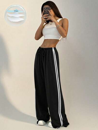 SHEIN Tall Tall Size Women's Side Stripe Loose Drawstring Straight Leg Sweatpants