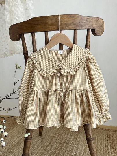 Vintaside Kids 女童彼得潘领衬衫，长袖，可爱时尚，百搭春秋休闲衬衫，田园风，可拆卸蝴蝶结装饰，优雅甜美