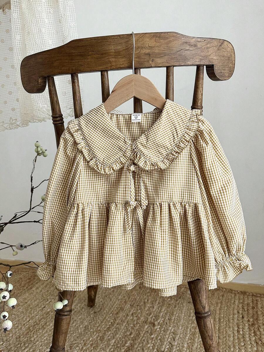 Vintaside Kids 女童彼得潘领衬衫，长袖，可爱时尚，百搭春秋休闲衬衫，田园风，可拆卸蝴蝶结装饰，优雅甜美 - 卡其色 - 查看 1