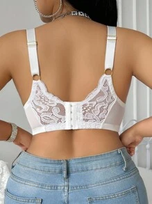 SHEIN 1pc Plus Size Women Lace Bow Decor Underwire Lace Push Up White Bra, Lift