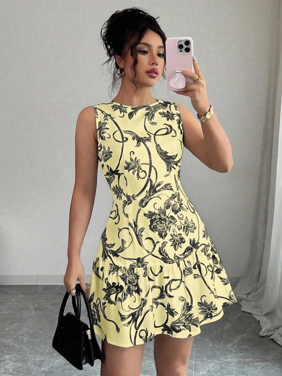 Elenzga 最新款花卉印花圆领无袖收腰女式迷你连衣裙，春夏 - 黃色 - 查看 1