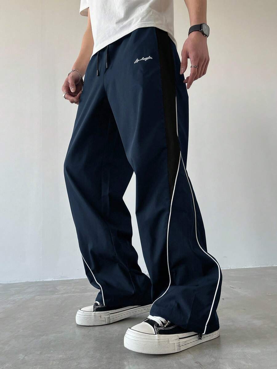 Manfinity EMRG Men's Casual Color Block Drawstring Straight Leg Pants, Loose Fit Long Patchwork Black Straight Leg Sweatpants, Fall - Navy Blue - View 1