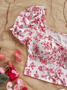 Soleia 大码女式浪漫花卉印花甜心领泡泡袖荷叶边系带上衣 - 彩色 - 查看 6