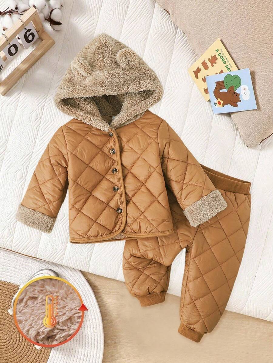 男婴/女婴新款秋冬加厚羊毛拼布服装,全拉链连帽夹克和厚运动裤两件套,寒冷季节保暖时尚,适合男婴 - 棕色 - 查看 1