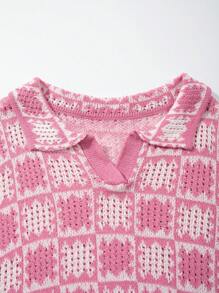 ROMWE MEN Casual 男士全格纹休闲宽松针织短袖上衣 - 粉色 - 查看 3