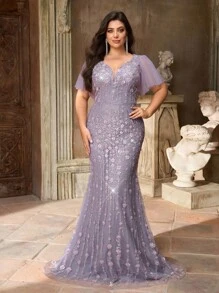 Aureia Plus Size Elegant And Gorgeous Lotus Pink 3D Three-Dimensional Flower Beads Embroidery Custom Mesh Puff Sleeves Deep V-Neck Slim Fishtail Hem With Train Suitable For Dinner Bachelorette Party Dance Vacation Graduation Season Homecoming Back To School  Wedding Event Evening Dress (Heavy Work Model) Formal Dresses For Wedding Guest