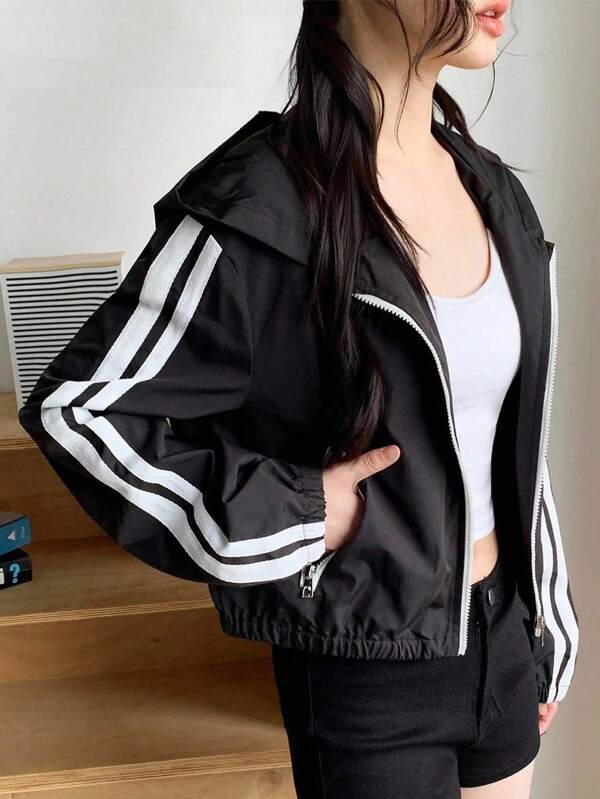 Chaqueta con capucha con cremallera, estilo de parches a rayas y contraste de colores, moda casual de calle para adolescentes, adecuada para primavera, otoño e invierno, temporada de vuelta al colegio, deportiva, color negro