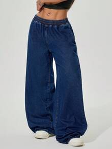 SHEIN PETITE 女士松紧腰宽松直筒休闲牛仔裤，夏季 - 深色水洗藍 - 查看 4