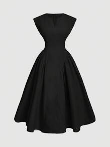 SHEIN MOD 大码优雅喇叭下摆开衩荷叶袖连衣裙，派对礼服，春秋季通勤长裙，简约宫廷风，休闲度假，日常穿着，婚礼宾客礼服 - 黑色 - 查看 1