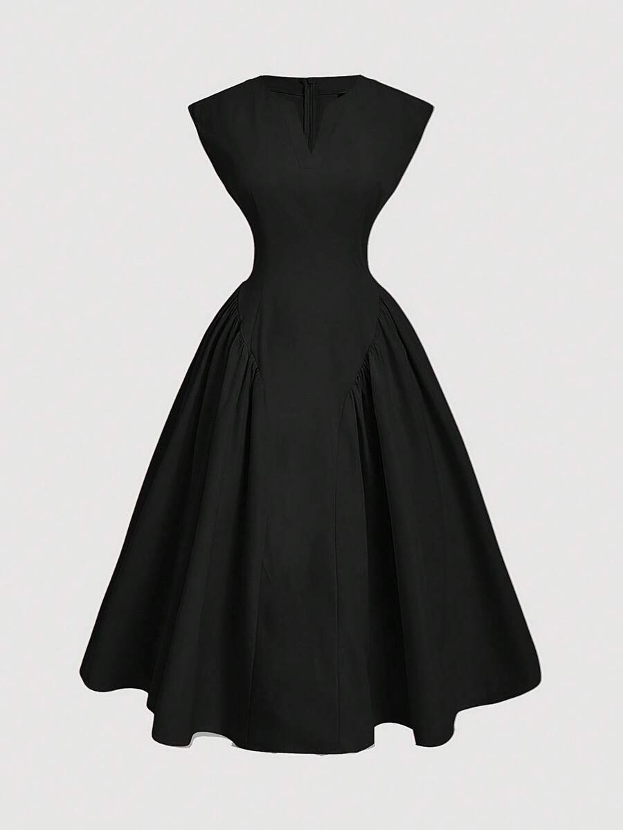 SHEIN MOD 大码优雅喇叭下摆开衩荷叶袖连衣裙，派对礼服，春秋季通勤长裙，简约宫廷风，休闲度假，日常穿着，婚礼宾客礼服 - 黑色 - 查看 1