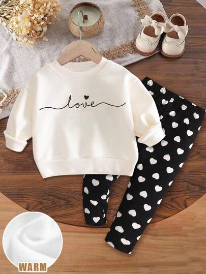 SHEIN Baby Mädchen süßer handbemalter Herz-Muster Strickpullover mit dickem, weichem Rundhalsausschnitt, Langarm und passende Leggings Outfit, geeignet für Herbst/Winter