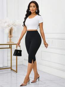 SHEIN Lady 2025 New Women's Black Solid Color Pants, Fashionable For Summer Split Hem Leggings Fall Clothes For Women Halloween  Chic Women's Pant