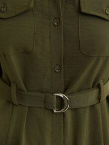 Nöista Perfecto para otoño, esta vestido camisa para mujeres presenta una cintura ceñida con cinturón y bolsillos utilitarios. Ideal para reuniones festivas o volver al colegio, combina un estilo atemporal con comodidad. - Verde militar - Ver 3