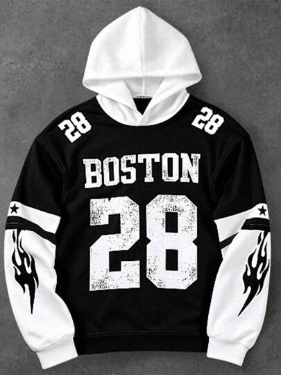 SHEIN Bolty休闲青少年男童街头时尚文字印花纯色舒适连帽卫衣，适合通勤、上学、日常休闲、度假、运动，春夏季节男童卫衣，秋冬季节也适用。