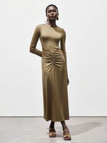 Lumivelle Robe midi moulante élégante à col rond fendue et froncée pour femmes, style Maillard, vêtements pour l'université - Tabac - Voir 2