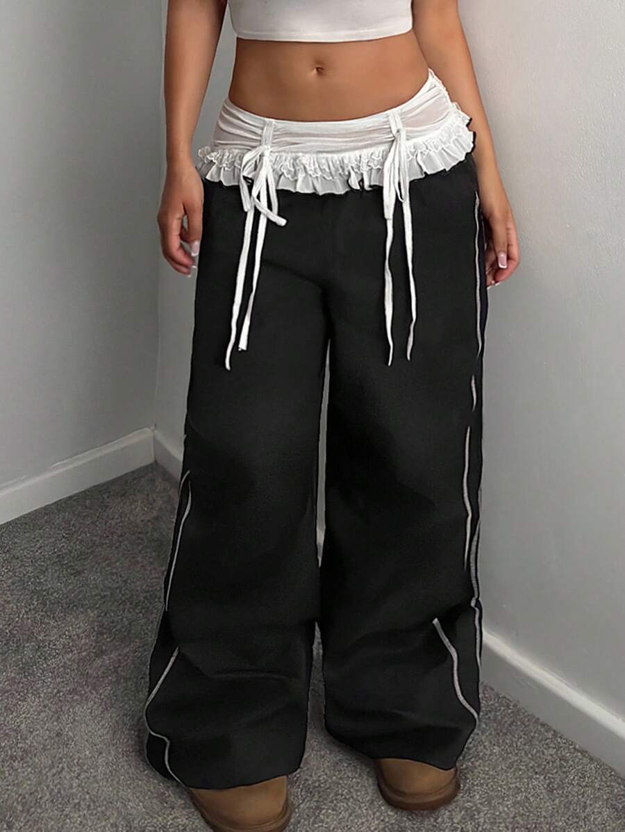 StreetHx Pantalones casuales de mujer con ribete de encaje y contraste de color, otoño/invierno