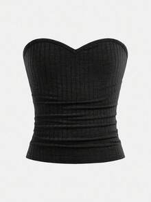 Tween Girl 休闲修身褶饰弹性针织纯色罗纹短款无袖背心，灰色 - 黑色 - 查看 2