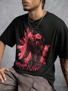 GODZILLAxKONG X SHEIN 男式怪物图案圆领黑色短袖 T 恤 - 黑色 - 查看 1