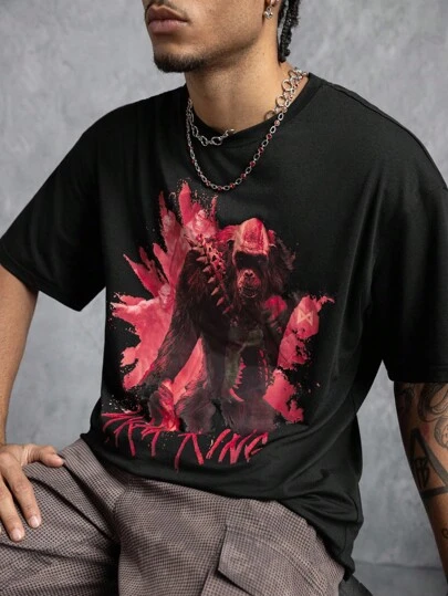GODZILLAxKONG X SHEIN 男式怪物图案圆领黑色短袖 T 恤
