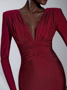 Elitara Elegant, Romantic, Sexy, Minimalist, Plum Red, Stretchy, Deep V-Neck, Long Sleeve, Fishtail Hem, Fashionable, Influencer Style, Suitable For Holidays, Vacation, Birthday Party, Wedding, Bridesmaid Dress - Red - View 4