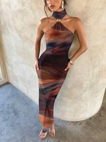 Aloruh Seksowna asymetryczna sukienka maxi z nadrukiem tie-dye na całej szerokości, damska, elegancka, seksowna, z metalową klamrą, z wycięciem, dopasowana, czarna, dzianinowa, elastyczna, odpowiednia na lato, wakacje, imprezę, jesień, weselna, na przyjęcie, elegancka sukienka, sukienka na imprezę