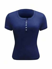 SHEIN EZwear Women Navy Solid Button Front Short Sleeve Casual Cropped T-Shirt