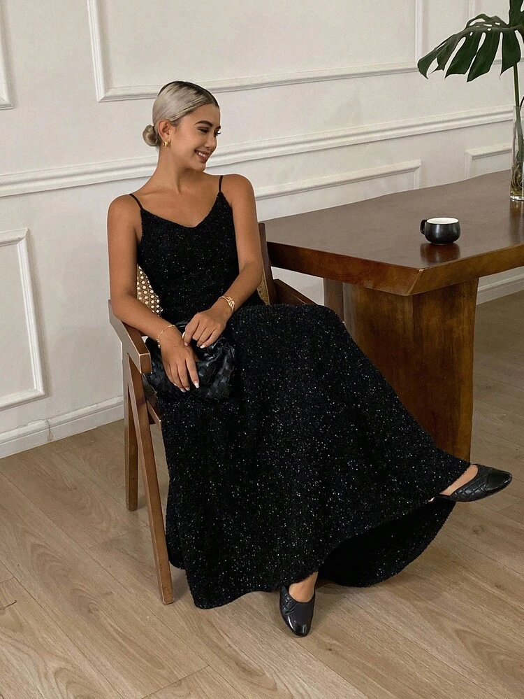 Solid Color Sequin Camisole Dress, Waist Cinched Flared Hem Elegant Dress For Women Prom Dress Maxi Dress