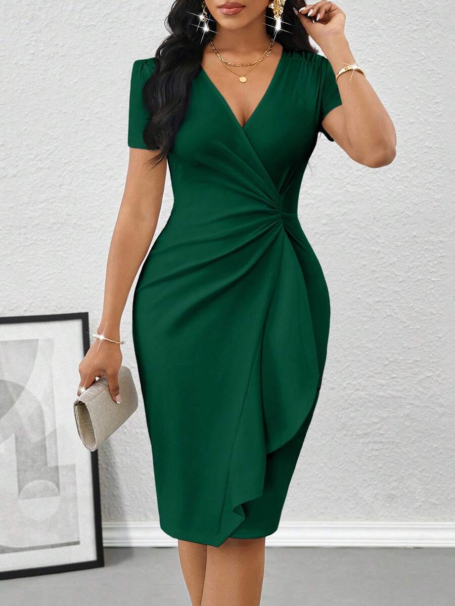 SHEIN Lady Váy midi ôm eo xếp nếp thanh lịch dành cho nữ, Váy dự tiệc sinh nhật và sự kiện mùa hè/Váy công sở/Váy đi nhà thờ/Váy cưới/Váy ngày lễ/Váy trắng - Màu xanh lá cây đậm - Xem 1
