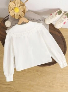 SHEIN Tween Girl Ruffle Collar White Long Sleeve Blouse, Elegant White Long Sleeve Shirt, Preppy White Shirt, Back To School, Autumn - White - View 2