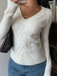 SHEIN EZwear 秋冬女式常规款V领插肩袖扭纹图案套头衫 - 米色 - 查看 6