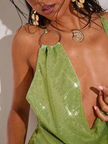 SHEIN BAE Women's Sexy Deep V-Neck O-Ring Halter Backless Mini Dress - Green - View 8