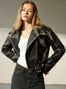 Aveloria Modichic New High-Quality PU Leather Jacket Women, Fashion Cargo Style Style Casual Zipper Lapel Jacket Fall Winter Cloth For Women - Black - View 2