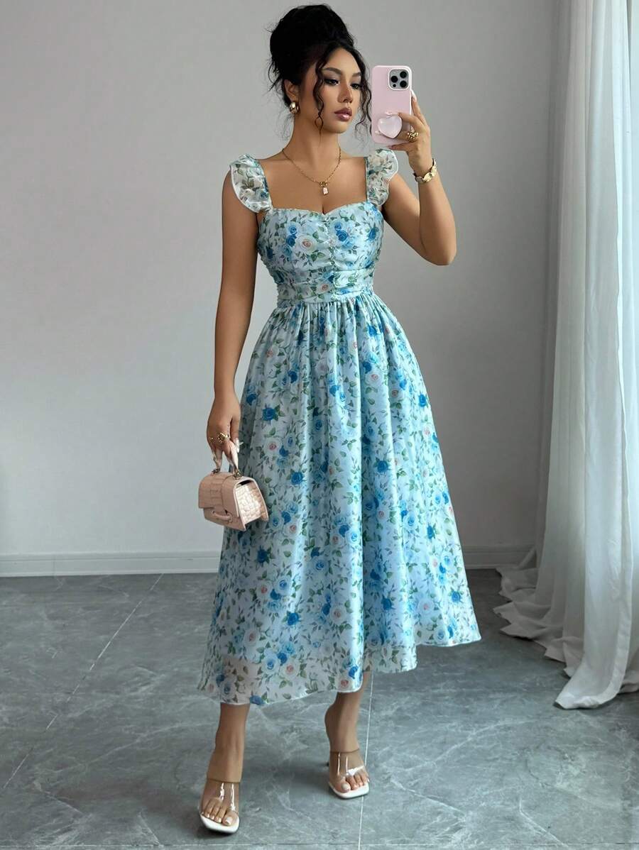 Elenzga 女士浪漫度假连衣裙，碎花细肩带荷叶边露背连衣裙，夏季 - 藍色 - 查看 1