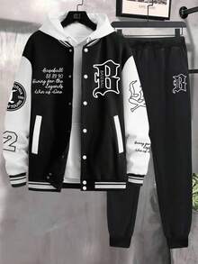 Manfinity Homme 男士简约印花长袖棒球夹克和裤子套装，秋冬装 - 黑與白 - 查看 1