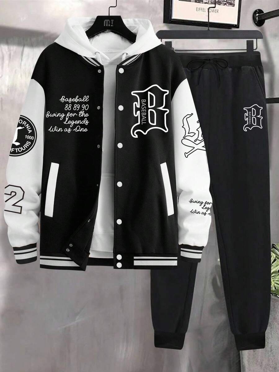 Manfinity Homme 男士简约印花长袖棒球夹克和裤子套装，秋冬装 - 黑與白 - 查看 1