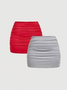 SHEIN MOD Plus Size Women's Multi-Pack Bodycon Mini Skirts, Casual & Versatile - Red - View 1