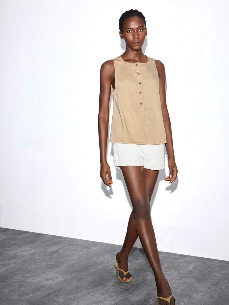 SHEIN Maija Women's Khaki Denim Top Sleeveless Vest Minimalist Old Money Style