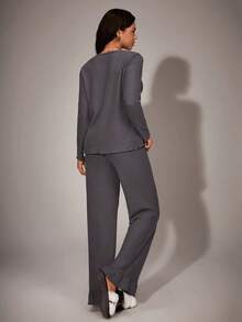 SHEIN Women's Solid Color Waffle Knit Crew Neck Partial Button Front Long Sleeve Top & Pants Pajama Set, Outfits, Fall Clothes  Cozy And Elegant Details