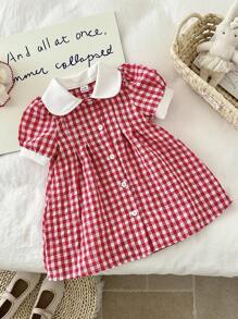 SHEIN Vintaside Kids 女婴格子碎花休闲连衣裙，田园风格，舒适时尚，百搭，春夏季，樱桃装饰 - 紅色 - 查看 5