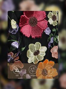 Amorya 女士优雅V领盖袖收腰修身高端黑色撞色刺绣3D花朵阔腿裤，适合多种场合日常穿着 - 彩色 - 查看 4