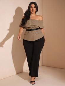 SHEIN BAE 秋冬大码女式露肩西装上衣 - 棕色 - 查看 8