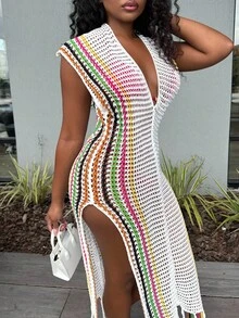 Alexandranx Halter Neck Knit See-Through Dress Maxi Women Outfit - White - View 3