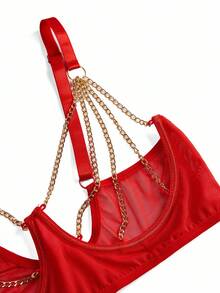 SHEIN 3件套加大码链条装饰网眼性感内衣套装 - 紅色 - 查看 3