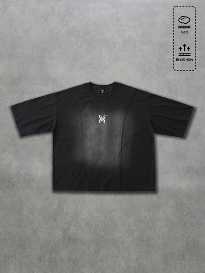 Street Life Camiseta de manga corta con lavado y parches de estilo callejero oscuro para hombres