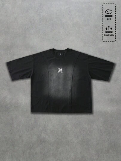 ROMWE MEN Street Life Áo thun nam tay ngắn Dark Street Patchwork Washed