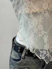 SHEIN EZwear 女士性感休闲蕾丝面料不对称下摆紧身抹胸式抹胸上衣，性感上衣 - 杏色 - 查看 5