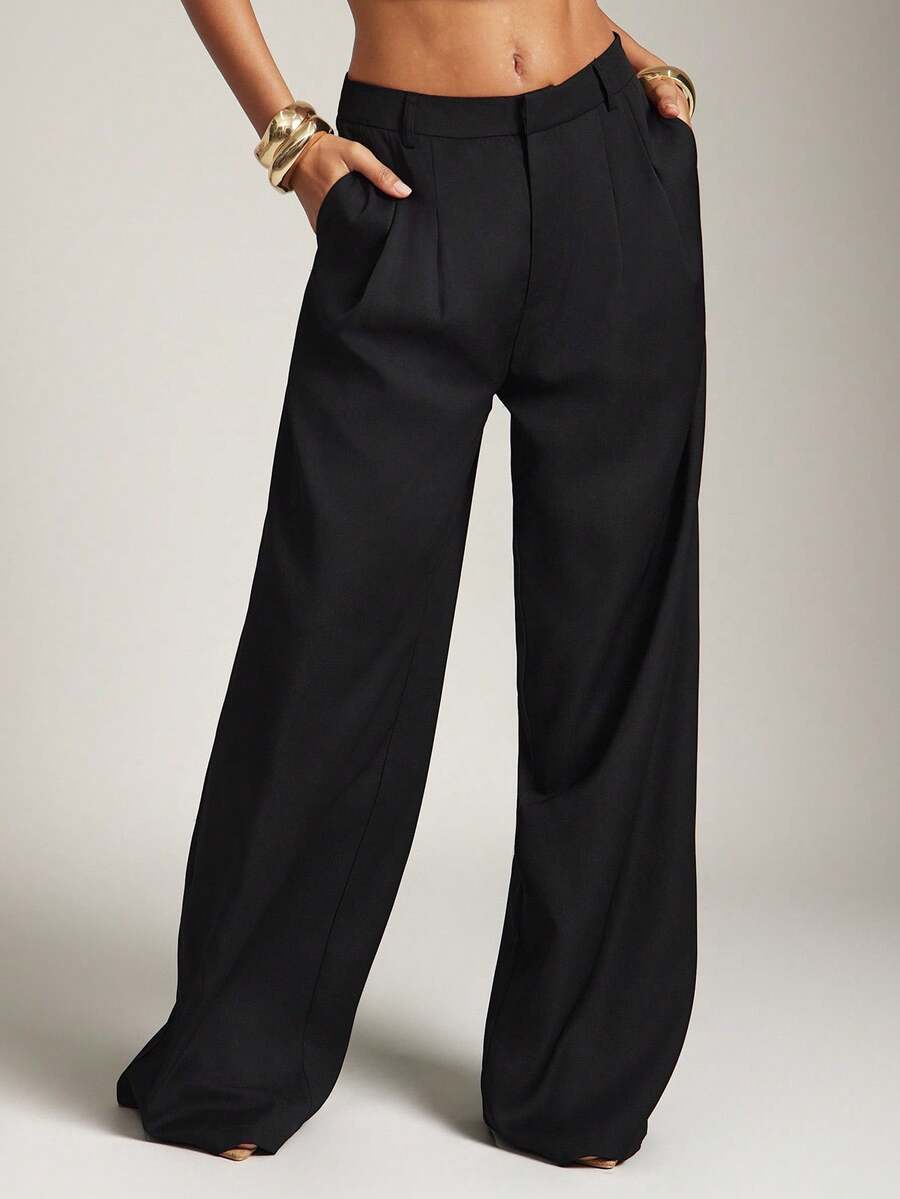 Hauture Old Money Sexy Business Casual High Waist Pleated Wide Leg Pants – Elegant Solid Color Loose Trousers, Professional Office Wear, Chic Tailored Work Pants For Women - Black - View 1