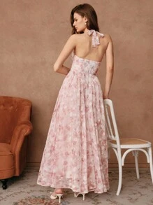 SHEIN Unity Romantic Elegant Floral Print Waist Cinched Off-The-Shoulder Dress, Suitable For Wedding Guest, Fairy Dress - Pink - View 2